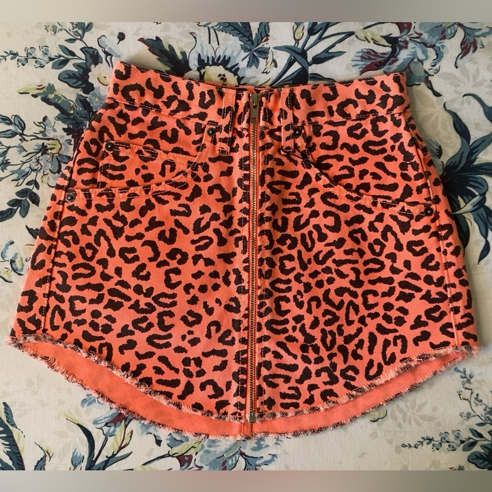 Orange Leopard Denim Zip Front Mini Skirt by Carmar for LF size 24